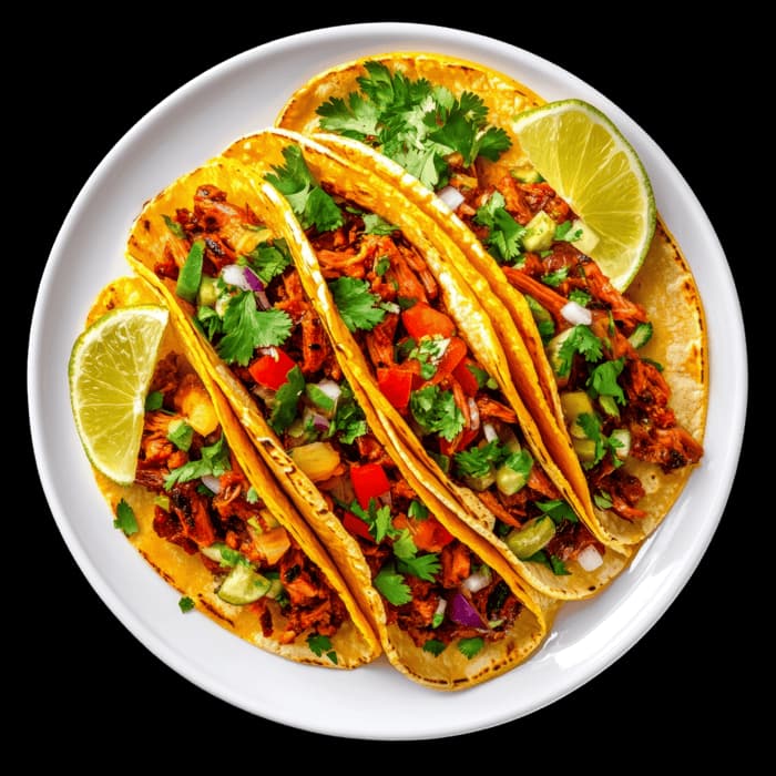 A plate of tacos topped with coriander, salsa and lime.