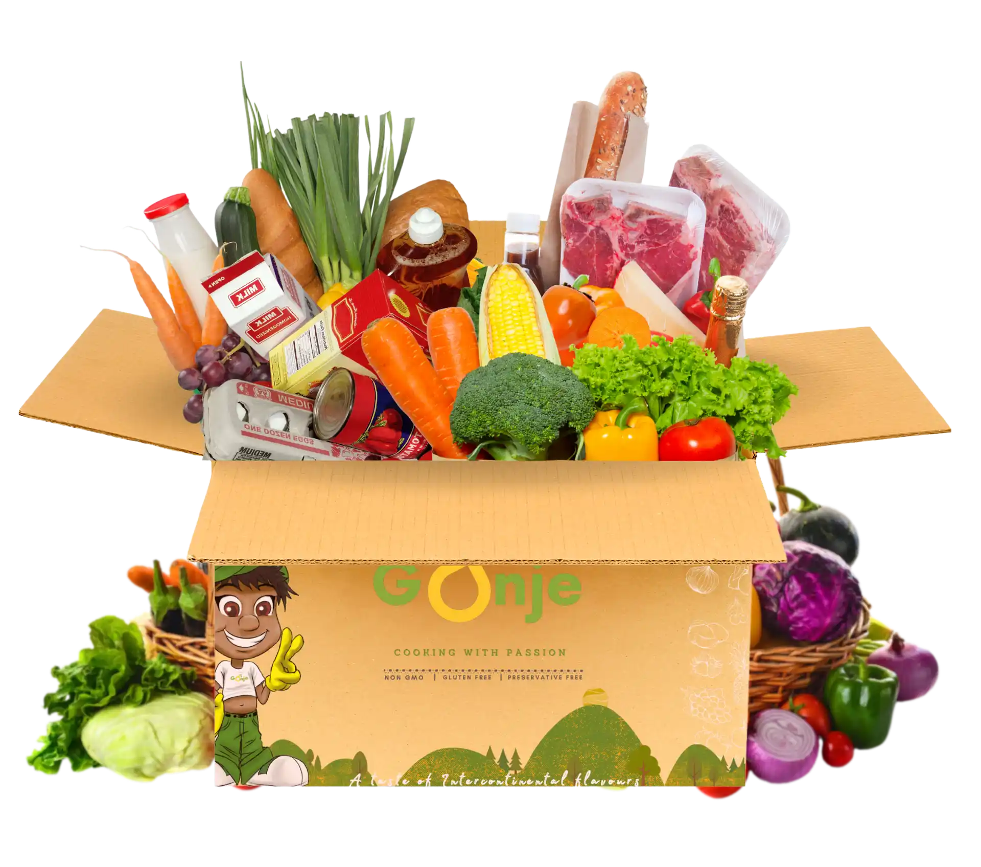 A Gonje delivery box packed with fresh vegetables, fruit, bread, dairy and meat.