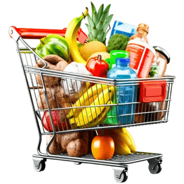A shopping trolley filled with fresh fruit, vegetables and pantry staples.